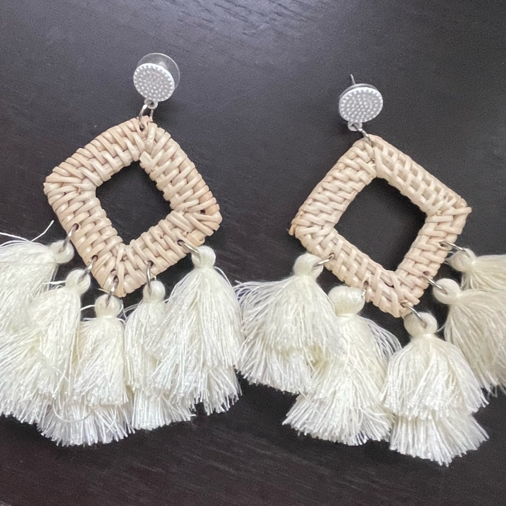 Woven Tassel Earrings in Cream